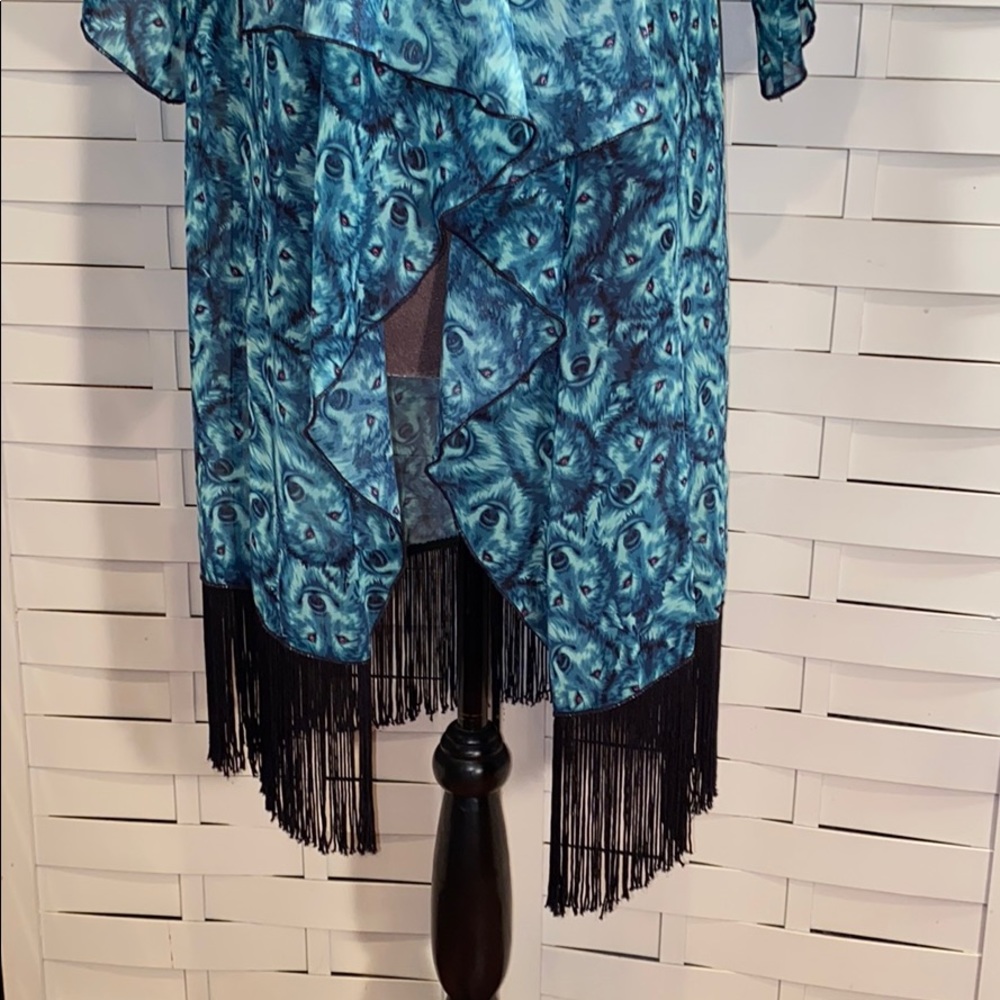 LuLaRoe Teal Wolves Sheer Kimono with black fringe - Picture 3 of 5